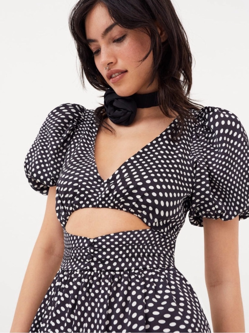 NWT For Love and Lemons Anya Cut Out Dress, Black/White Polka Dot Puff Sleeves